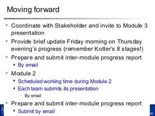 93
Moving forward
 Coordinate with Stakeholder and invite to Module 3
presentation
 Provide brief update Friday morning on Thursday
evening’s progress (remember Kotter’s 8 stages!)
 Prepare and submit inter-module progress report
 By email
 Module 2
 Scheduled working time during Module 2
 Each team submits its presentation
● By email
 Prepare and submit inter-module progress report
 Submit by email
 