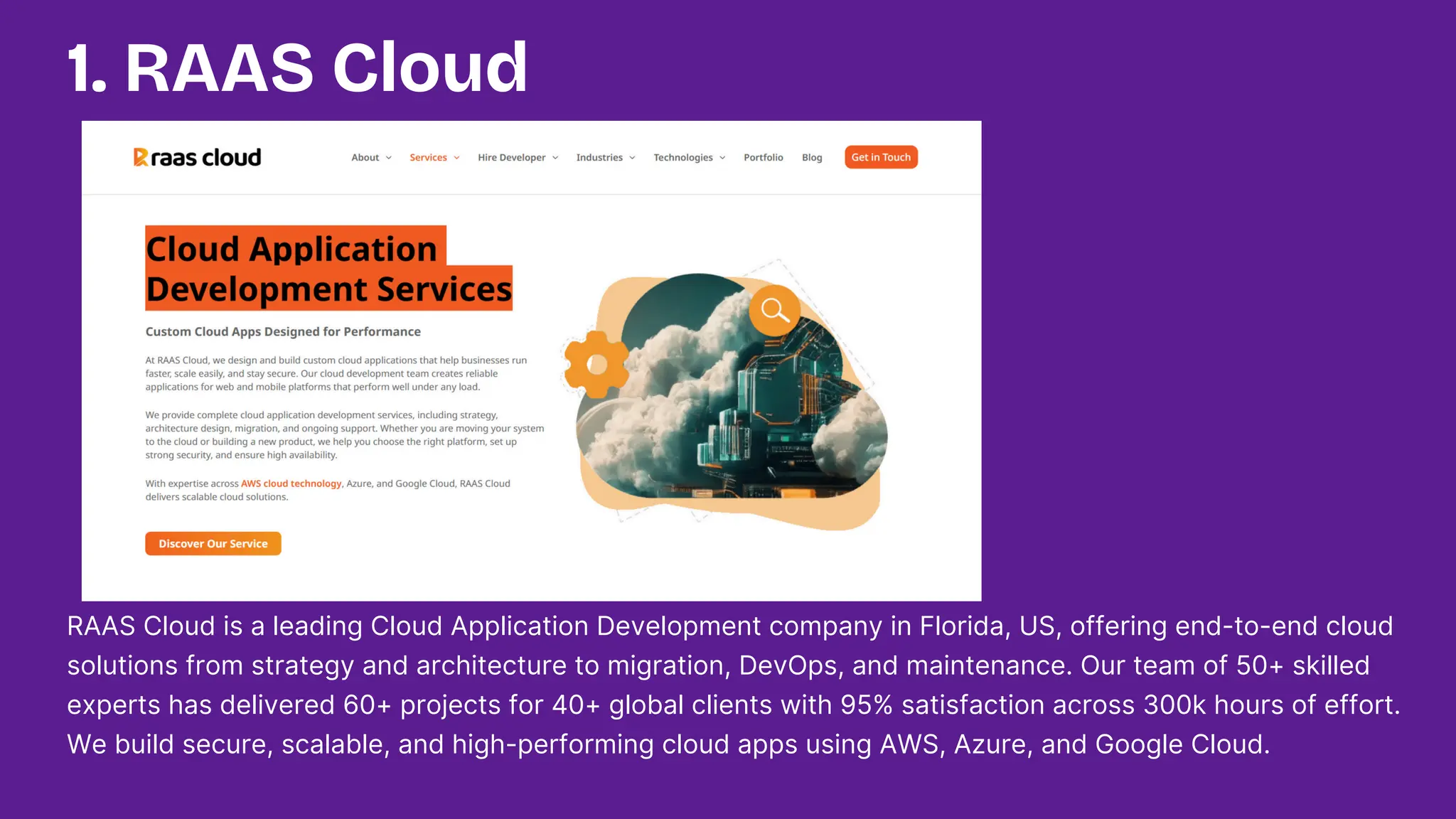 1. RAAS Cloud
RAAS Cloud is a leading Cloud Application Development company in Florida, US, offering end-to-end cloud
solutions from strategy and architecture to migration, DevOps, and maintenance. Our team of 50+ skilled
experts has delivered 60+ projects for 40+ global clients with 95% satisfaction across 300k hours of effort.
We build secure, scalable, and high-performing cloud apps using AWS, Azure, and Google Cloud.
 