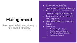 Management
Direction of Individuals and Assets
to execute the Strategy
● Managers in fast-moving
organizations must also be Leaders
● Managers continuously assess and
direct in changing circumstances
● Emphasis on the system lifecycles
and “big picture”
● Build process and policy to reduce
friction
● Resources:
○ The Fifth Discipline -Senge
○ The New Economics -Deming
○ Recreating the Corporation -Ackoff
○ Management -Drucker
 