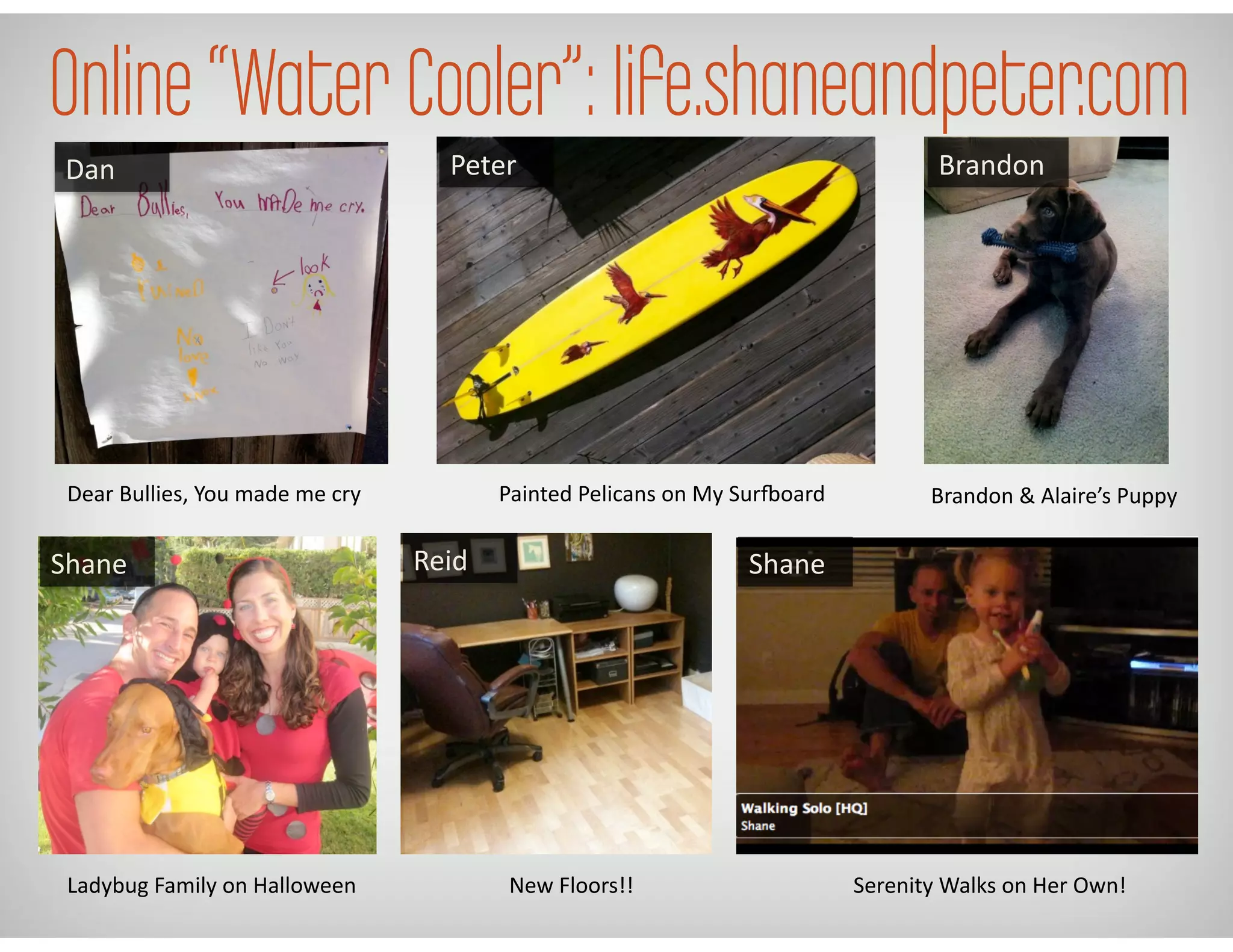 Online“Water Cooler”: life.shaneandpeter.com
Dear	
  Bullies,	
  You	
  made	
  me	
  cry	
   Painted	
  Pelicans	
  on	
  My	
  SurKoard	
  
Ladybug	
  Family	
  on	
  Halloween	
   New	
  Floors!!	
  
Brandon	
  &	
  Alaire’s	
  Puppy	
  
Serenity	
  Walks	
  on	
  Her	
  Own!	
  
Dan	
   Peter	
   Brandon	
  
Shane	
   Reid	
   Shane	
  
 