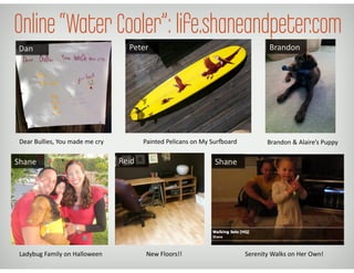 Online“Water Cooler”: life.shaneandpeter.com
Dear	
  Bullies,	
  You	
  made	
  me	
  cry	
   Painted	
  Pelicans	
  on	
  My	
  SurKoard	
  
Ladybug	
  Family	
  on	
  Halloween	
   New	
  Floors!!	
  
Brandon	
  &	
  Alaire’s	
  Puppy	
  
Serenity	
  Walks	
  on	
  Her	
  Own!	
  
Dan	
   Peter	
   Brandon	
  
Shane	
   Reid	
   Shane	
  
 