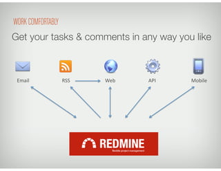Email	
   RSS	
   Web	
   API	
   Mobile	
  
Get your tasks & comments in any way you like
WORK COMFORTABLY
 