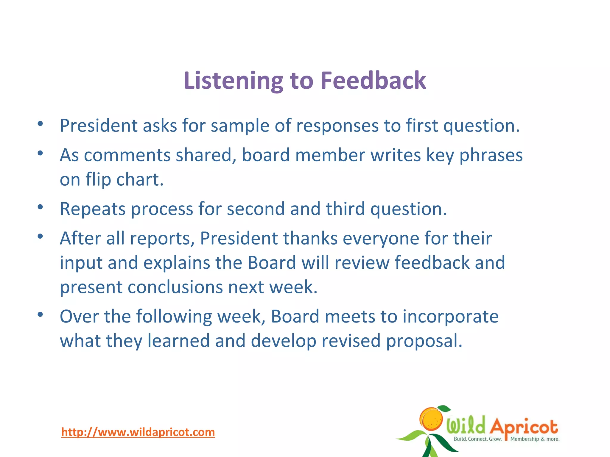 http://www.wildapricot.com
Listening to Feedback
• President asks for sample of responses to first question.
• As comments shared, board member writes key phrases
on flip chart.
• Repeats process for second and third question.
• After all reports, President thanks everyone for their
input and explains the Board will review feedback and
present conclusions next week.
• Over the following week, Board meets to incorporate
what they learned and develop revised proposal.
 