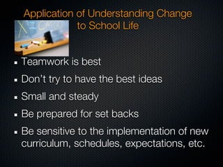 Application of Understanding Change
            to School Life


Teamwork is best
Don’t try to have the best ideas
Small and steady
Be prepared for set backs
Be sensitive to the implementation of new
curriculum, schedules, expectations, etc.
 