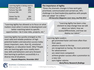  2013 Aspire Consulting, Inc.
“Learning Agility has been a key
element to step change how we talk
about our talent, how we
assess/differentiate, and how we
deploy our talent.”
“Learning Agility has allowed us to focus on what
matters most when it comes to development and
better matching talent to specific
opportunities—be it new roles, projects, etc.”
Learning Agility is being used in:
Fortune Top 50: 40%
Fortune Top 100: 40%
Fortune 500: 23%
Global Top 50: 28%
Global 500: 20.2%
Learning Agility has quickly emerged as the
most valid and reliable predictor of high
potential leaders and executive success today
(more important, even, than IQ, emotional
intelligence, or education level). Why? People
who are learning agile more readily learn
new skills and behaviors and carry forward
that learning to perform successfully in a
diverse mix of situations.
Buyouts Magazine, November 2012
The Importance of Agility
“Given the dramatic changes in how work gets
prioritized, communicated and carried out, HR's
challenge is to feed leadership pipelines with people
who can adapt "on a dime."
HR Executive Magazine cover story, Jan/Feb 2013
Learning Agile Leaders:
• get promoted faster and more often than
their peers
• advance closest to the top
• are recognized as having the most potential
for advancement
• are rated more competent
• achieve greater success after a promotion to
a new role
• earn higher salaries
Korn/Ferry Research findings
 