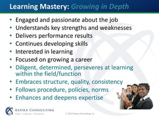  2013 Aspire Consulting, Inc.
Learning Mastery: Growing in Depth
• Engaged and passionate about the job
• Understands key strengths and weaknesses
• Delivers performance results
• Continues developing skills
• Interested in learning
• Focused on growing a career
• Diligent, determined, perseveres at learning
within the field/function
• Embraces structure, quality, consistency
• Follows procedure, policies, norms
• Enhances and deepens expertise
 