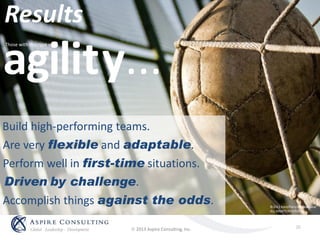  2013 Aspire Consulting, Inc.
Results
Build high-performing teams.
Are very flexible and adaptable.
Perform well in first-time situations.
Driven by challenge.
Accomplish things against the odds.
agility...
Those with this type of
©2011 Korn/Ferry International
ALL RIGHTS RESERVED
3
5 35
 