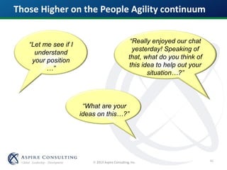  2013 Aspire Consulting, Inc.
“Let me see if I
understand
your position
…”
“Really enjoyed our chat
yesterday! Speaking of
that, what do you think of
this idea to help out your
situation…?”
“What are your
ideas on this…?”
Those Higher on the People Agility continuum
40
 