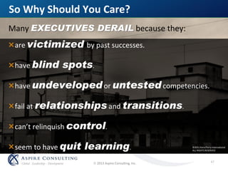  2013 Aspire Consulting, Inc.
So Why Should You Care?
are victimized by past successes.
have blind spots.
have undevelopedor untestedcompetencies.
fail at relationships and transitions.
can’t relinquish control.
seem to have quit learning.
Many EXECUTIVES DERAIL because they:
©2011 Korn/Ferry International
ALL RIGHTS RESERVED
4
7 47
 