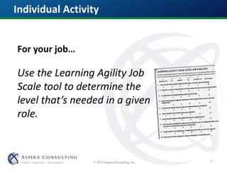  2013 Aspire Consulting, Inc.
Individual Activity
For your job…
Use the Learning Agility Job
Scale tool to determine the
level that’s needed in a given
role.
51
 