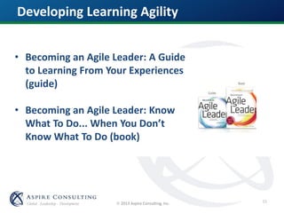  2013 Aspire Consulting, Inc.
Developing Learning Agility
• Becoming an Agile Leader: A Guide
to Learning From Your Experiences
(guide)
• Becoming an Agile Leader: Know
What To Do... When You Don’t
Know What To Do (book)
55
 