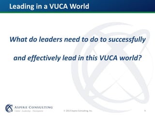  2013 Aspire Consulting, Inc.
Leading in a VUCA World
What do leaders need to do to successfully
and effectively lead in this VUCA world?
6
 