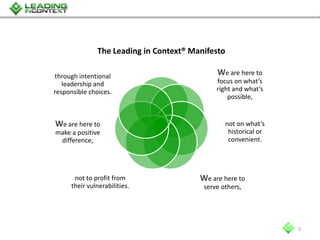 2
The Leading in Context® Manifesto
We are here to
focus on what’s
right and what’s
possible,
not on what’s
historical or
...
