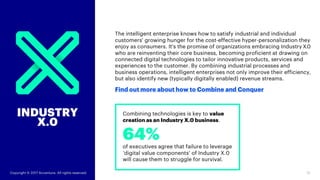 The intelligent enterprise knows how to satisfy industrial and individual
customers' growing hunger for the cost-effective personalization they enjoy
as consumers. It's the promise of organizations embracing Industry X.0
who are reinventing their core operations, their worker and customer
experiences, becoming proficient at drawing on connected digital
technologies to tailor innovative products, services and experiences to the
customer. By integrating systems, sensors and new intelligence, intelligent
enterprises not only improve their efficiency and create new ecosystems,
but also identify new (typically digitally enabled) revenue streams.
Find out more about how to Combine and Conquer
INDUSTRY
X.0
Combining technologies is key to value
creation as an Industry X.0 business.
64%
of executives agree that failure to leverage
‘digital value components’ of Industry X.0
will cause them to struggle for survival.
13Copyright © 2017 Accenture. All rights reserved.
 