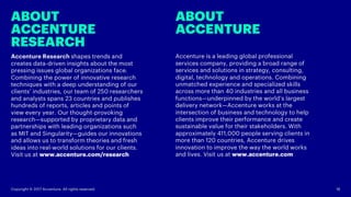 Accenture is a leading global professional
services company, providing a broad range of
services and solutions in strategy, consulting,
digital, technology and operations. Combining
unmatched experience and specialized skills
across more than 40 industries and all business
functions—underpinned by the world’s largest
delivery network—Accenture works at the
intersection of business and technology to help
clients improve their performance and create
sustainable value for their stakeholders. With
approximately 411,000 people serving clients in
more than 120 countries, Accenture drives
innovation to improve the way the world works
and lives. Visit us at www.accenture.com
ABOUT
ACCENTURE
RESEARCH
shapes trends and creates
data-driven insights about the most pressing
issues global organizations face. Combining
the power of innovative research techniques
with a deep understanding of our clients’
industries, our team of 250 researchers and
analysts spans 23 countries and publishes
hundreds of reports, articles and points of
view every year. Our thought-provoking
research—supported by proprietary data and
partnerships with leading organizations such
as MIT and Singularity—guides our innovations
and allows us to transform theories and fresh
ideas into real-world solutions for our clients.
Visit us at www.accenture.com/research
ABOUT
ACCENTURE
18Copyright © 2017 Accenture. All rights reserved.
 