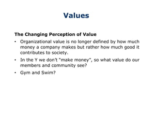 Values
The Changing Perception of Value
• Organizational value is no longer defined by how much
money a company makes but rather how much good it
contributes to society.
• In the Y we don’t “make money”, so what value do our
members and community see?
• Gym and Swim?
 