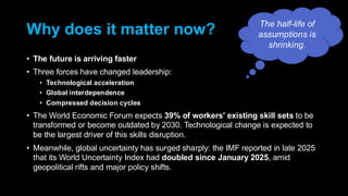 Why does it matter now?
• The future is arriving faster
• Three forces have changed leadership:
• Technological acceleration
• Global interdependence
• Compressed decision cycles
• The World Economic Forum expects 39% of workers' existing skill sets to be
transformed or become outdated by 2030. Technological change is expected to
be the largest driver of this skills disruption.
• Meanwhile, global uncertainty has surged sharply: the IMF reported in late 2025
that its World Uncertainty Index had doubled since January 2025, amid
geopolitical rifts and major policy shifts.
The half-life of
assumptions is
shrinking.
 