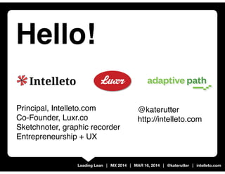 Leading Lean | MX 2014 | MAR 16, 2014 | @katerutter | intelleto.com
Hello!
Principal, Intelleto.com
Co-Founder, Luxr.co
Sketchnoter, graphic recorder
Entrepreneurship + UX
@katerutter
http://intelleto.com
 