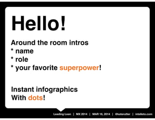 Leading Lean | MX 2014 | MAR 16, 2014 | @katerutter | intelleto.com
Around the room intros
* name
* role
* your favorite s...