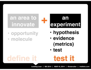 Leading Lean | MX 2014 | MAR 16, 2014 | @katerutter | intelleto.com
an area to
innovate
an
experiment
• opportunity
• molecule
• hypothesis
• evidence
(metrics)
• test
+
deﬁne it test it
 