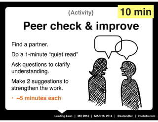 Leading Lean | MX 2014 | MAR 16, 2014 | @katerutter | intelleto.com
{Activity}
Peer check & improve
10 min
Find a partner.
Do a 1-minute “quiet read”
Ask questions to clarify
understanding.
Make 2 suggestions to
strengthen the work.
• ~5 minutes each
 