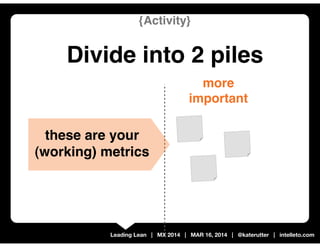Leading Lean | MX 2014 | MAR 16, 2014 | @katerutter | intelleto.com
more
important
{Activity}
Divide into 2 piles
these are your
(working) metrics
 