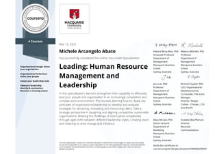 4 Co rses
Organisational design: Kno
o r organisation
Organisational beha io r:
Kno o r people
Adapt o r leadership st le
Visionar leadership,
identit & moti ation:
Become a meaning maker
E a W a -B , P D
A c a P
D a
Ma a
Mac a B
Sc
S , A a a
R b cca M c , P D
P
D a
Ma a
Mac a B
Sc
S , A a a
Jac L , P D
P
D a
Ma a
Mac a B
Sc
S , A a a
R c a C a , P D
CEO, O a a a
M b a
C -F , T c
Ma a
D c , P -
C - C a - CSC
A a-Pac c
Aba M a , P D
S L c
D a
Ma
Mac a B
Sc
S , A a a
A ab a MacP
D c
R a
C ca
Mar 12, 2021
Michele Arcangelo Abate
has s ccessf ll completed the online, non-credit Speciali ation
Leading: H man Reso rce
Management and
Leadership
n this specialisation, learners strengthen their capabilit to e ecti el
lead o r people and organisation in an increasingl competiti e and
comple ork en ironment. This in ol es learning ho to: Appl ke
principles of organisational leadership to de elop and e al ate
strategies for attracting, moti ating and reso rcing talent; Take a
strategic perspecti e in designing and aligning competiti e, s stainable
organisations; Meeting the challenge of interr pti e comple ities
thro gh agile shifts bet een di erent leadership st les; Creating ision
and meaning to dri e change and in ence.
T c a a a c ca a a a a c a -ca , b c
c a a -ca c . Pa c a c a a c
a . T c ca c a U a , c c , a
a .
V c ca a :
c a. / / c a a /5VMMJ28938WY
 