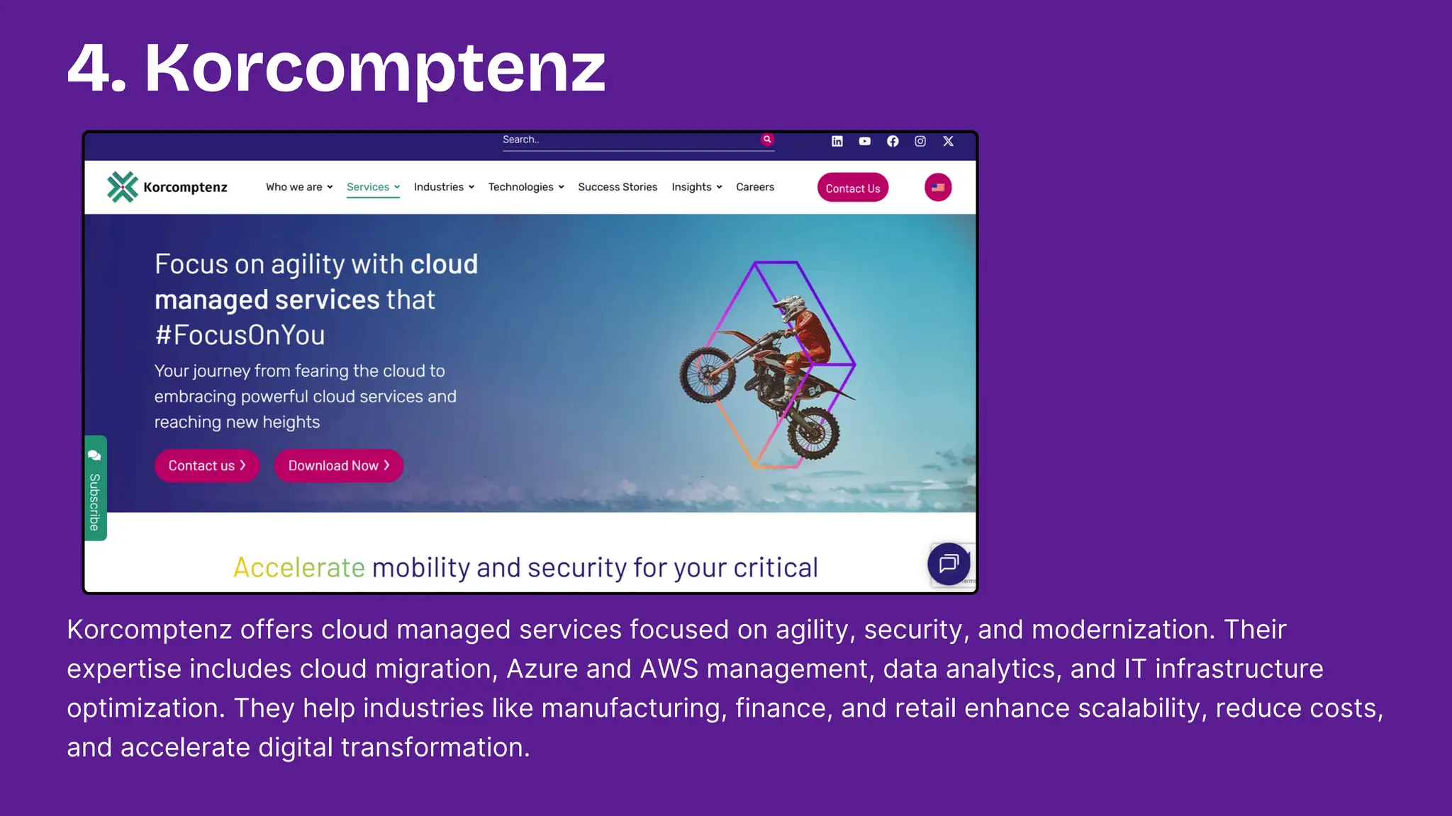 Korcomptenz offers cloud managed services focused on agility, security, and modernization. Their
expertise includes cloud migration, Azure and AWS management, data analytics, and IT infrastructure
optimization. They help industries like manufacturing, finance, and retail enhance scalability, reduce costs,
and accelerate digital transformation.
4. Korcomptenz
 