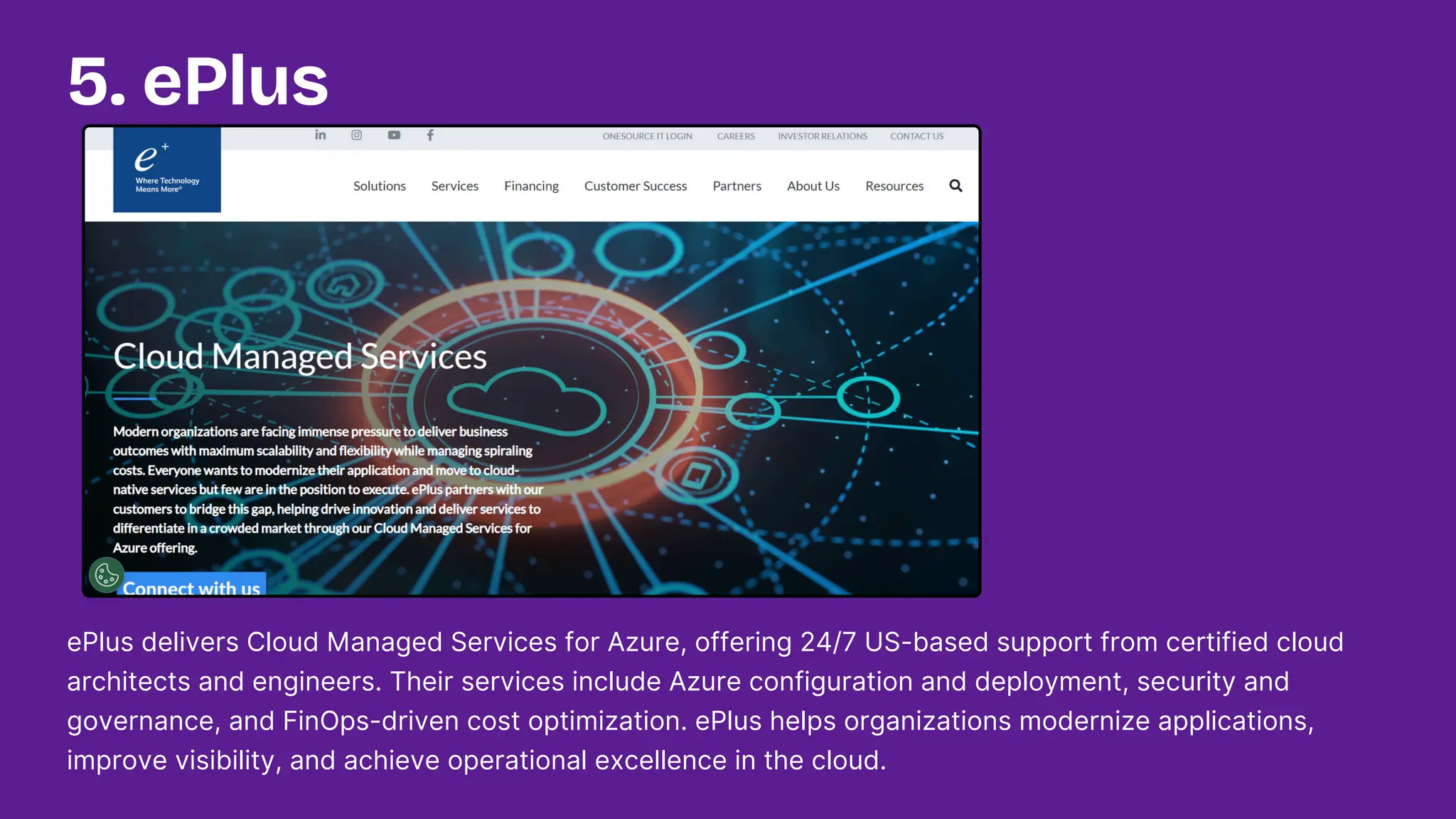 ePlus delivers Cloud Managed Services for Azure, offering 24/7 US-based support from certified cloud
architects and engineers. Their services include Azure configuration and deployment, security and
governance, and FinOps-driven cost optimization. ePlus helps organizations modernize applications,
improve visibility, and achieve operational excellence in the cloud.
5. ePlus
 