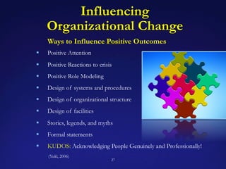 Influencing
Organizational Change
Ways to Influence Positive Outcomes
!  Positive Attention
!  Positive Reactions to crisi...