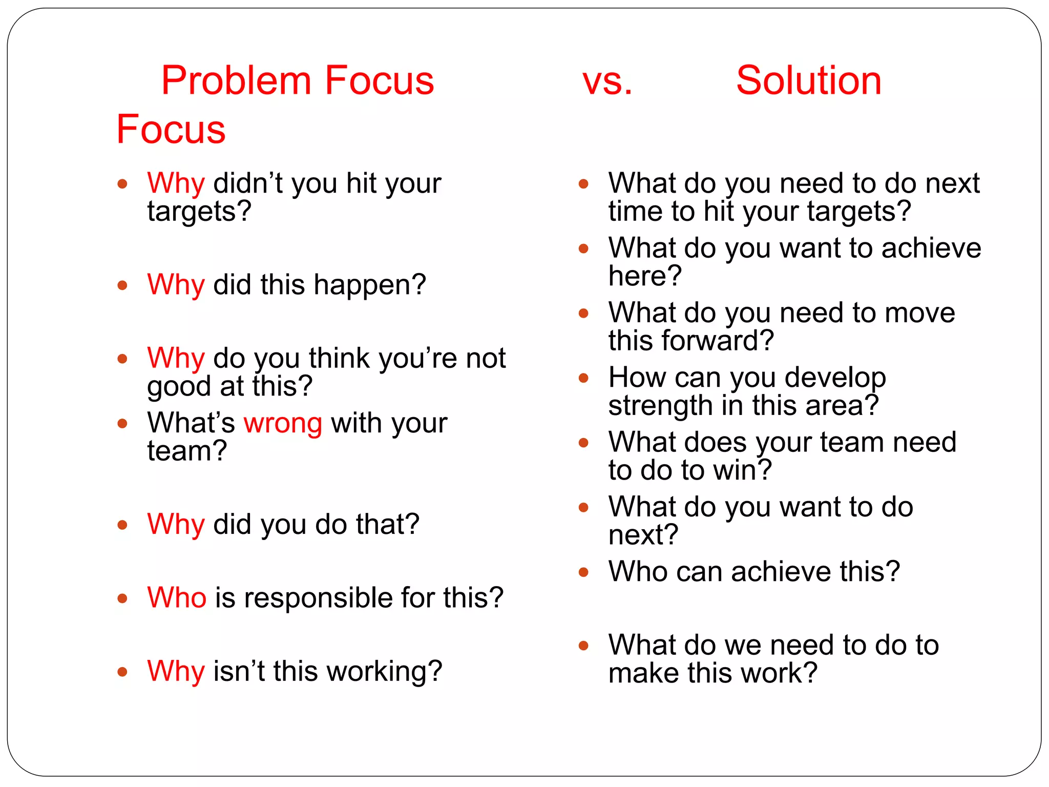 Problem Focus vs. Solution
Focus
 Why didn’t you hit your
targets?
 Why did this happen?
 Why do you think you’re not
good at this?
 What’s wrong with your
team?
 Why did you do that?
 Who is responsible for this?
 Why isn’t this working?
 What do you need to do next
time to hit your targets?
 What do you want to achieve
here?
 What do you need to move
this forward?
 How can you develop
strength in this area?
 What does your team need
to do to win?
 What do you want to do
next?
 Who can achieve this?
 What do we need to do to
make this work?
 
