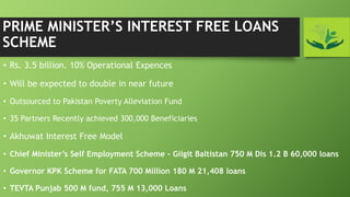 PRIME MINISTER’S INTEREST FREE LOANS
SCHEME
• Rs. 3.5 billion. 10% Operational Expences
• Will be expected to double in near future
• Outsourced to Pakistan Poverty Alleviation Fund
• 35 Partners Recently achieved 300,000 Beneficiaries
• Akhuwat Interest Free Model
• Chief Minister’s Self Employment Scheme - Gilgit Baltistan 750 M Dis 1.2 B 60,000 loans
• Governor KPK Scheme for FATA 700 Million 180 M 21,408 loans
• TEVTA Punjab 500 M fund, 755 M 13,000 Loans
 