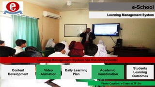 e-School
Learning Management System
Photo Caption: e-Class at TF Sui
Learning Management System has five components:
Content
Development
Video
Animation
Daily Learning
Plan
Academic
Coordination
Students
Learning
Outcomes
 
