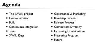 Agenda
• The XWiki project
• Communication
• Build
• Continuous Integration
• Tests
• XWiki Days
• Governance & Marketing
...