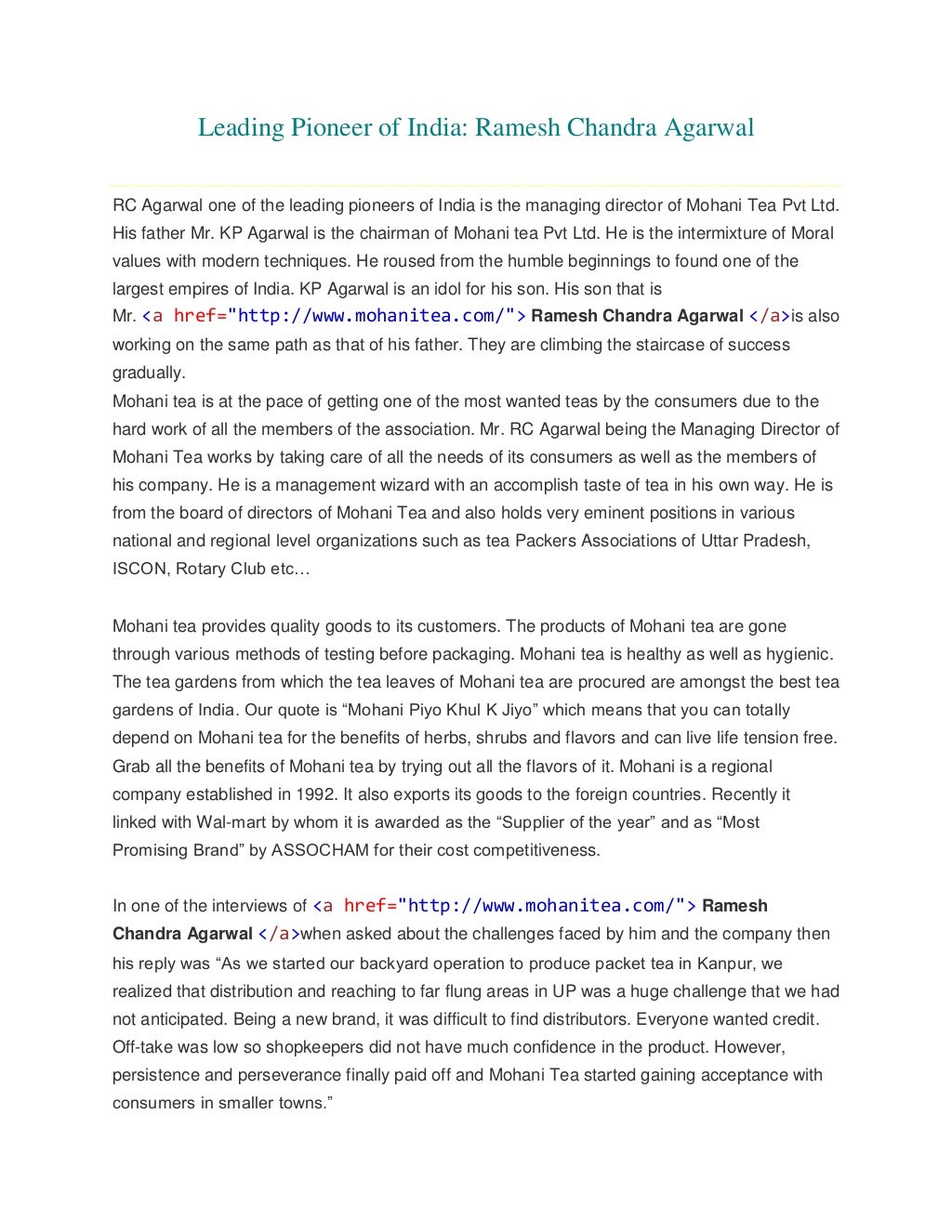 Leading Pioneer of India Ramesh Chandra Agarwal Mohani Tea