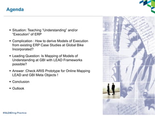 Agenda
 Situation: Teaching “Understanding” and/or
“Execution” of ERP
 Complication : How to derive Models of Execution
from existing ERP Case Studies at Global Bike
Incorporated?
 Leading Question: Is Mapping of Models of
Understanding at GBI with LEAD Frameworks
possible?
 Answer :Check ARIS Prototype for Online Mapping
LEAD and GBI Meta Objects !
 Conclusion
 Outlook
 