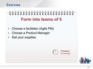 Exercise



           Form into teams of 5

 Choose a facilitator (Agile PM)
 Choose a Product Manager
 Get your supplies



                                    Timebox:
                                    15 minutes




                                                 20
 