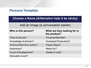 Persona Template

   Choose a Name (Alliteration help it be sticky)

          Add an image (a conversation starter)
Who is this person?            What are they looking for in
                               the product?
•Time at the job?              •Financial Benefits?
•Knowledge of domain?          •Increased Productivity?
•Full time/Part time worker?   •Fewer Steps?
•Incentives?                   •More fun?
•Level of Engagement?          •Easier to Use?
•Education Level?



                                                              23
 