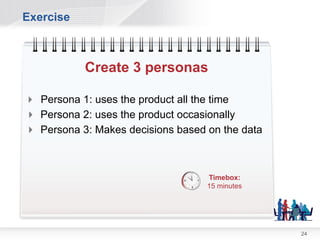 Exercise



           Create 3 personas

 Persona 1: uses the product all the time
 Persona 2: uses the product occasionally
 Persona 3: Makes decisions based on the data



                                   Timebox:
                                   15 minutes




                                                 24
 