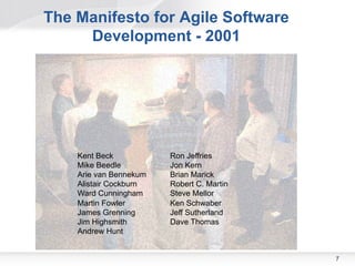 The Manifesto for Agile Software
     Development - 2001




    Kent Beck           Ron Jeffries
    Mike Beedle         Jon Kern
    Arie van Bennekum   Brian Marick
    Alistair Cockburn   Robert C. Martin
    Ward Cunningham     Steve Mellor
    Martin Fowler       Ken Schwaber
    James Grenning      Jeff Sutherland
    Jim Highsmith       Dave Thomas
    Andrew Hunt


                                           7
                                           7
 