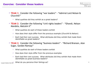 17
Copyright © Maddison Ward 2006
Exercise: Consider these leaders
 TEAM 1: Consider the following “war leaders” – “Admiral Lord Nelson &
Churchill”
 What qualities did they exhibit as a great leaders?
 TEAM 2: Consider the following “civil rights leaders” – “Ghandi, Nelson
Mandela, Malcolm X”
 What qualities do each of these leaders exhibit
 How does their style differ from the previous example (Churchill & Nelson)
 Each had their own success. What attributes did they exhibit that made them
identifiable as great leaders?
 TEAM 3: Consider the following “business leaders” – “Richard Branson, Alan
Sugar, Gordon Ramsay”
 What qualities do each of these leaders exhibit
 How does their style differ from the previous examples
 Each had their own success. What attributes did they exhibit that made them
identifiable as great business leaders?
 What do you perceive their failings as?
 