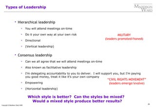 26
Copyright © Maddison Ward 2006
Types of Leadership
 Hierarchical leadership
 You will attend meetings on-time
 Do it your own way at your own risk
 Directional
 (Vertical leadership)
 Consensus leadership
 Can we all agree that we will attend meetings on-time
 Also known as facilitative leadership
 I’m delegating accountability to you to deliver. I will support you, but I’m paying
you good money, treat it like it’s your own company
 Empowering
 (Horizontal leadership)
MILITARY
(leaders promoted/honed)
“CIVIL RIGHTS MOVEMENT”
(leaders emerge/evolve)
Which style is better? Can the styles be mixed?
Would a mixed style produce better results?
 