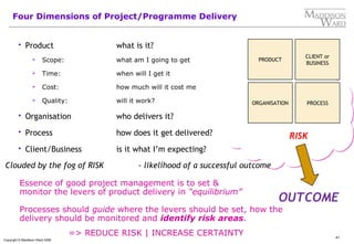 41
Copyright © Maddison Ward 2006
Four Dimensions of Project/Programme Delivery
 Product what is it?
 Scope: what am I going to get
 Time: when will I get it
 Cost: how much will it cost me
 Quality: will it work?
 Organisation who delivers it?
 Process how does it get delivered?
 Client/Business is it what I’m expecting?
PRODUCT
CLIENT or
BUSINESS
ORGANISATION PROCESS
RISK
OUTCOME
Clouded by the fog of RISK - likelihood of a successful outcome
Essence of good project management is to set &
monitor the levers of product delivery in “equilibrium”
Processes should guide where the levers should be set, how the
delivery should be monitored and identify risk areas.
=> REDUCE RISK | INCREASE CERTAINTY
 