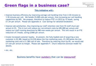 78
Copyright © Maddison Ward 2006
Green flags in a business case?
This initiative will:-
• Improve business efficiency by improving average call handling time from 2:30 minutes to
1:30 minutes per call. We handle 25,000 calls per annum, thus increasing our call handling
capabilities by 50%. We propose, therefore to reduce FTE’s in 2012 by 12 heads, saving
£1.3m per annum. Please see Appendix A: Cost Savings for detailed breakdown.
• Improve job satisfaction, thus improving our staff retention rate from 5% staff churn per
annum to 2%. This in turn will reduce our recruitment costs by £85,000 per annum and
reduce our staff training downtime by 980 man-weeks per annum. This will result in an FTE
reduction of 3 heads, saving £240K per annum.
• Create increased customer loyalty. At present, the fully loaded cost of acquiring a new
customer is £9,380, based on £4,230 above the line marketing costs, £5,100 below the line
marketing costs and a £1,380 cost of sale. Therefore by reducing churn by 8%, we would add
£11.6m per annum to margin. Please see Appendix F: Churn reduction forecast model for
details.
• etc. etc.
Business benefits have numbers that can be measured!
 