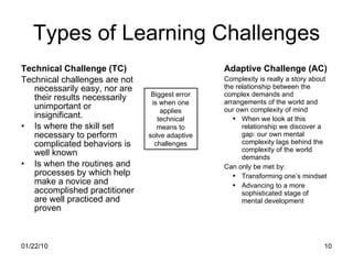 Types of Learning Challenges Technical Challenge (TC) Technical challenges are not necessarily easy, nor are their results necessarily unimportant or insignificant. Is where the skill set necessary to perform complicated behaviors is well known Is when the routines and processes by which help make a novice and accomplished practitioner are well practiced and proven Adaptive Challenge (AC) Complexity is really a story about the relationship between the complex demands and arrangements of the world and our own complexity of mind When we look at this relationship we discover a gap: our own mental complexity lags behind the complexity of the world demands   Can only be met by: Transforming one’s mindset Advancing to a more sophisticated stage of mental development Biggest error is when one applies technical means to solve adaptive challenges 
