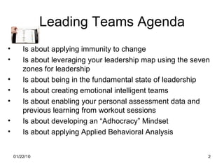 Leading Teams Agenda Is about applying immunity to change  Is about leveraging your leadership map using the seven zones for leadership Is about being in the fundamental state of leadership  Is about creating emotional intelligent teams Is about enabling your personal assessment data and previous learning from workout sessions Is about developing an “Adhocracy” Mindset Is about applying Applied Behavioral Analysis 