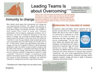 Leading Teams Is about Overcoming Immunity to change * Developed by Dr. Robert Kegan and Lisa Laskow Lahey 