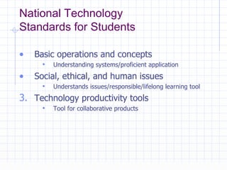 National Technology  Standards for Students Basic operations and concepts  Understanding systems/proficient application Social, ethical, and human issues  Understands issues/responsible/lifelong learning tool Technology productivity tools  Tool for collaborative products 