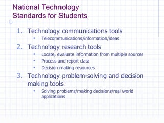 National Technology  Standards for Students Technology communications tools  Telecommunications/information/ideas Technology research tools  Locate, evaluate information from multiple sources Process and report data Decision making resources Technology problem-solving and decision making tools Solving problems/making decisions/real world applications 