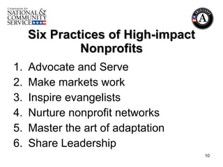 Six Practices of High-impact Nonprofits Advocate and Serve Make markets work Inspire evangelists Nurture nonprofit networks Master the art of adaptation Share Leadership 